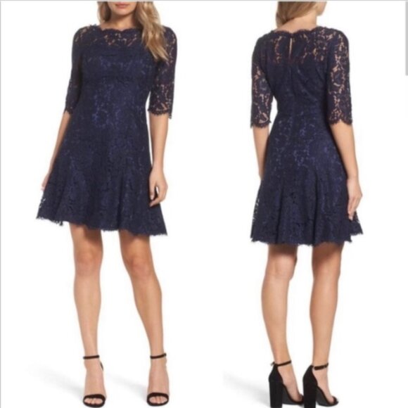 Eliza J Lace Navy Blue Dress Size 6P * Fully Lined Party Formal Cocktail Evening - Picture 1 of 15